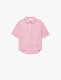 Kısa Kollu Düğmeli Fistolu Brode Bluz