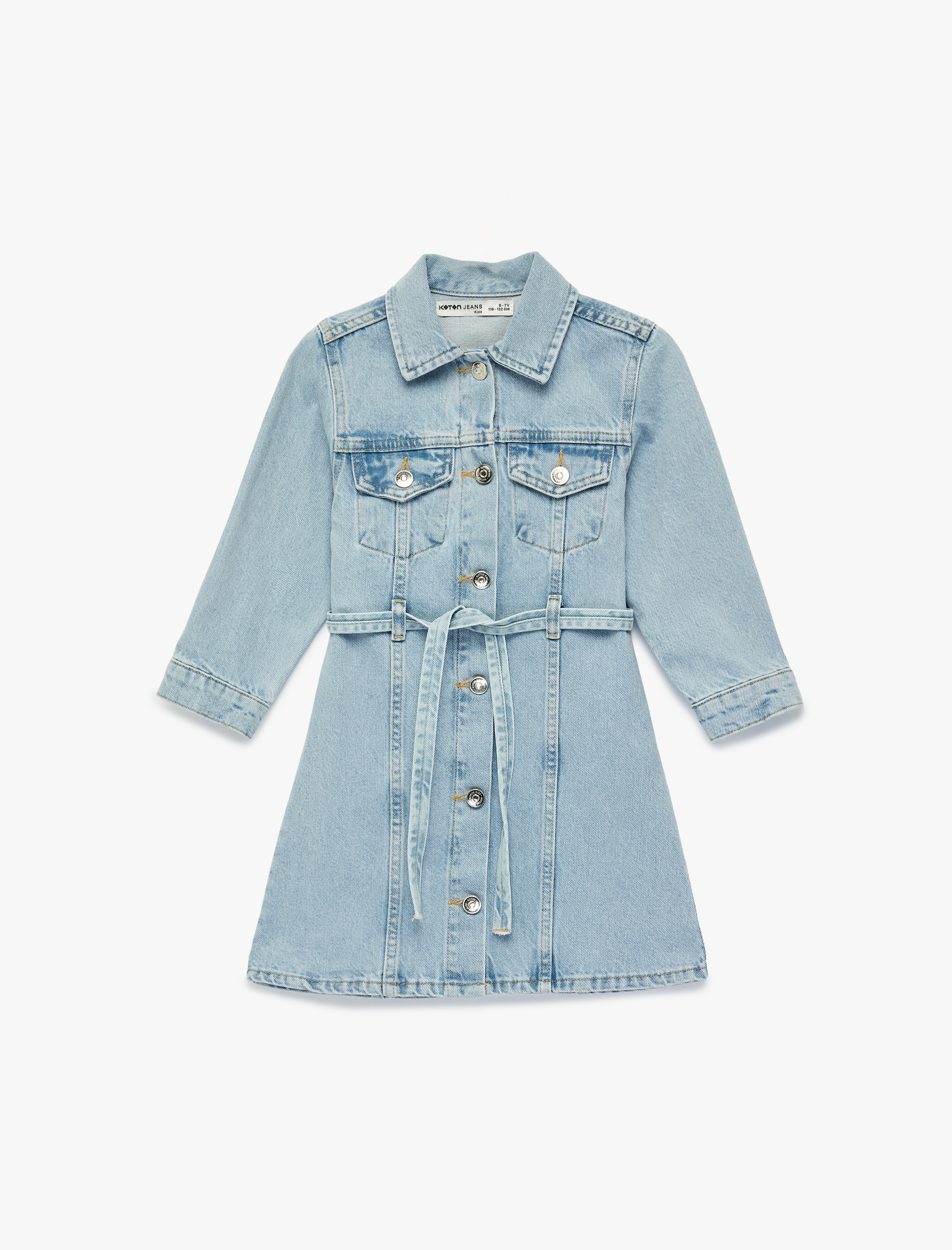  Kız Çocuk Uzun Kollu Gömlek Yaka Cepli Kemerli Denim Elbise