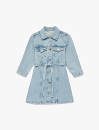 Uzun Kollu Gömlek Yaka Cepli Kemerli Denim Elbise