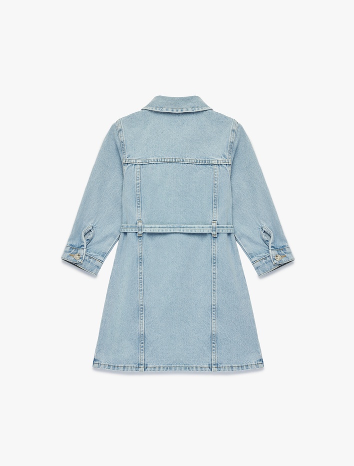 Kız Çocuk Uzun Kollu Gömlek Yaka Cepli Kemerli Denim Elbise