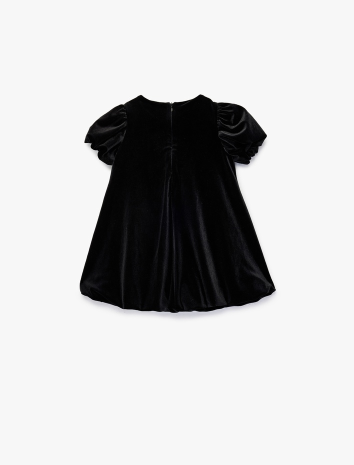 Kız Bebek Balon Kollu Bisiklet Yaka Fiyonk Detaylı Yılbaşı Kadife Elbise