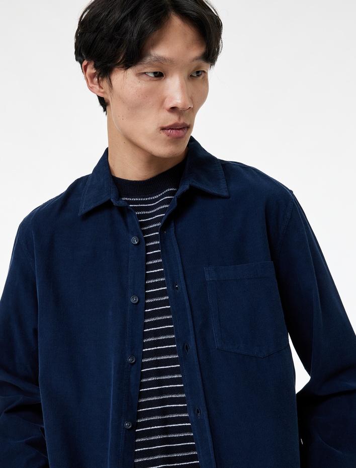  Regular Fit Klasik Yaka Düğmeli Pamuklu Uzun Kollu Kadife Gömlek