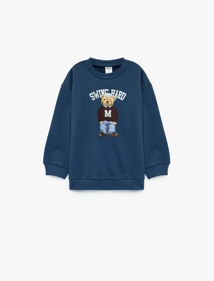 Erkek Bebek Uzun Kollu Bisiklet Yaka Şardonlu Ayıcık Baskılı Sweatshirt