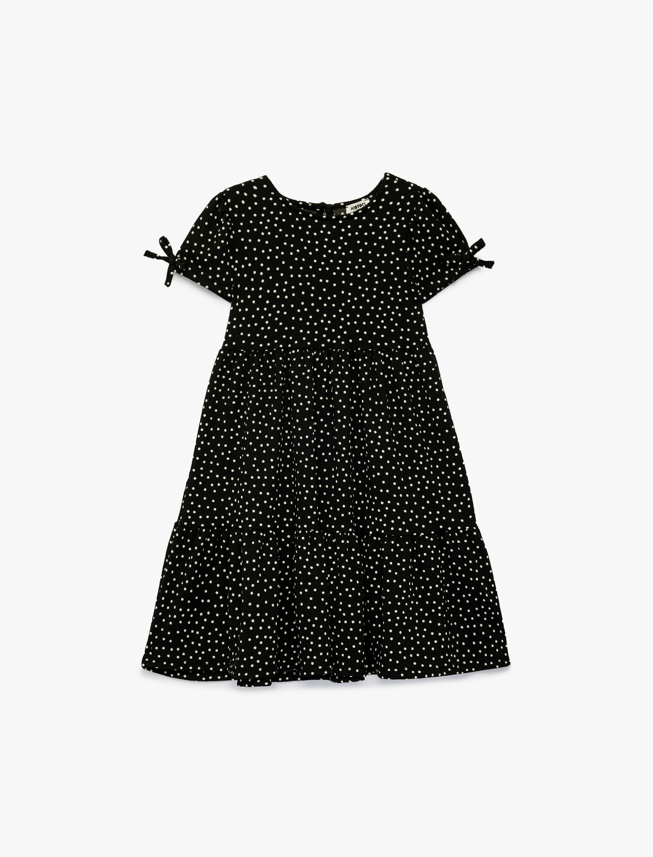  Kız Çocuk Kısa Kollu Bisiklet Yaka Fiyonk Detaylı Puantiyeli Elbise