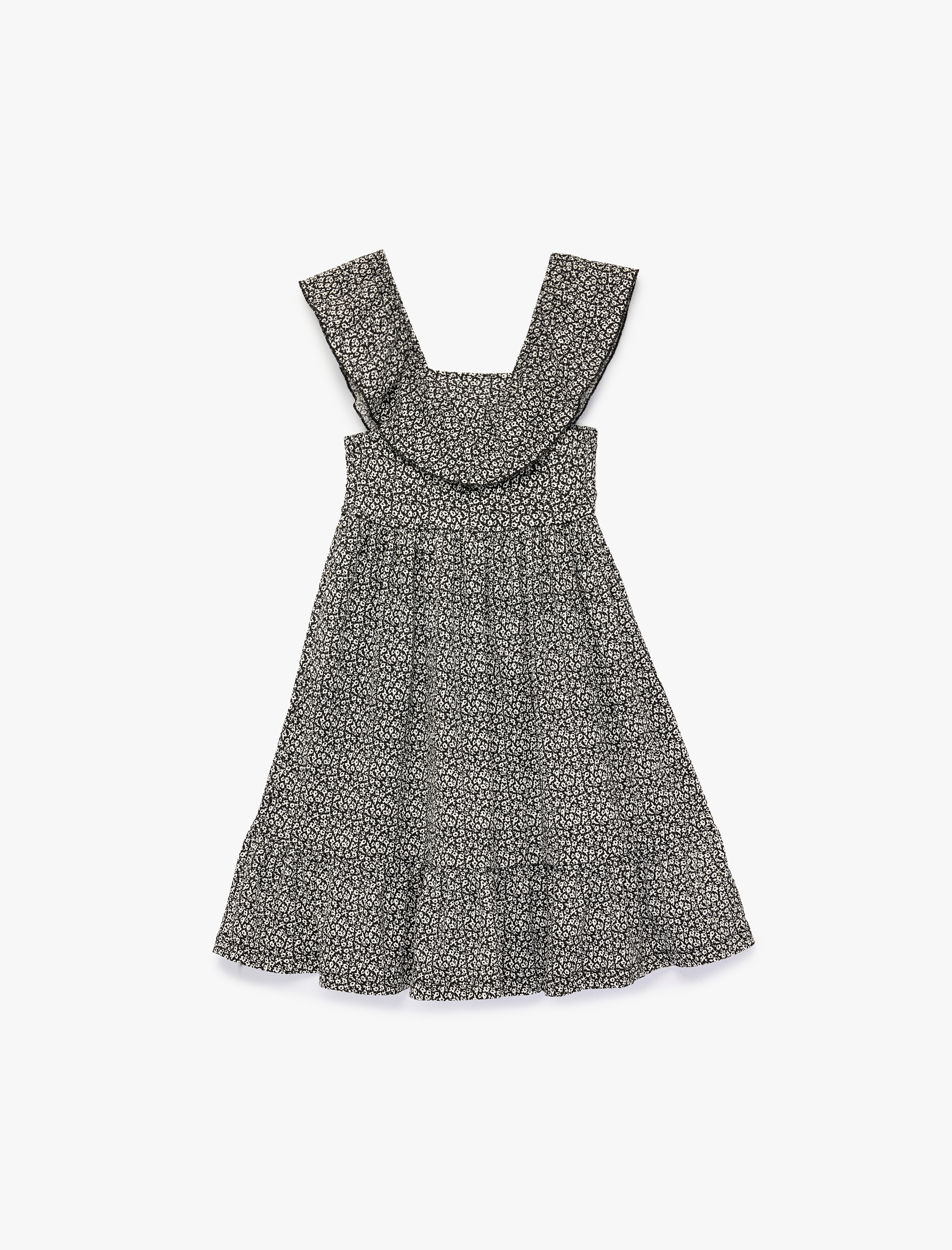  Kız Çocuk Bürümcük Kumaş Midi Boy Fırfır Detaylı Çiçekli Kolsuz Elbise