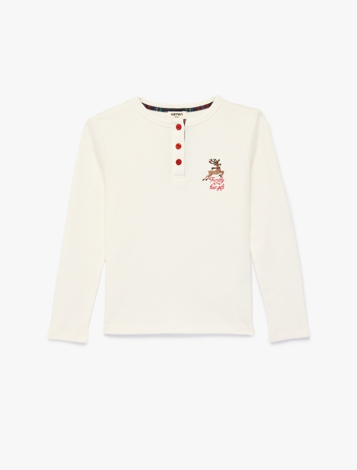 Kız Çocuk Pamuklu Düğme Detaylı Uzun Kollu Bisiklet Yaka Pijama Üstü