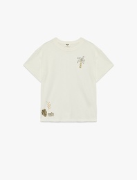 Pamuklu Palmiye Baskılı Kısa Kollu Bisiklet Yaka Oversize Tişört