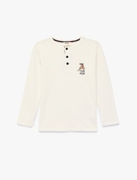 Pamuklu Düğme Detaylı Uzun Kollu Bisiklet Yaka Pijama Üstü