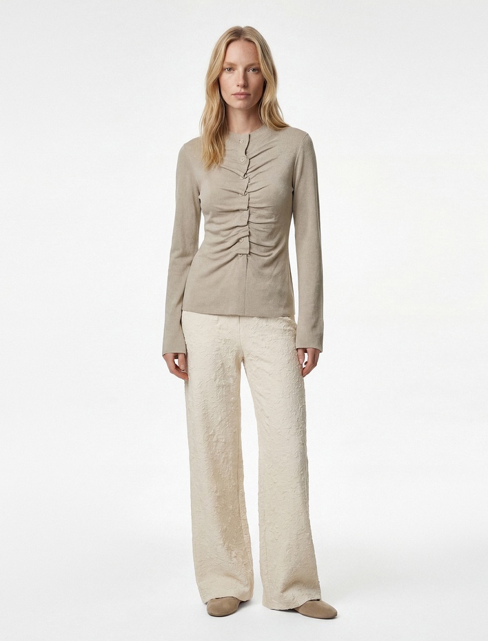  Düz Geniş Paça Dokulu Palazzo Pantolon