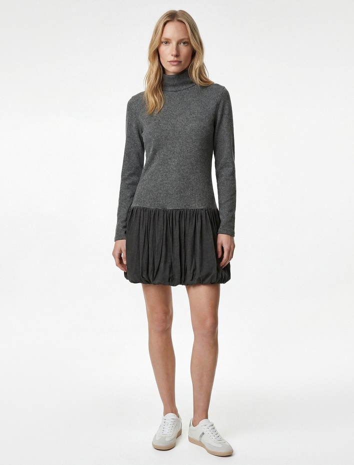  Koton X Şahika Ercümen - Slim Fit Uzun Kollu Dik Yaka Mini Balon Elbise