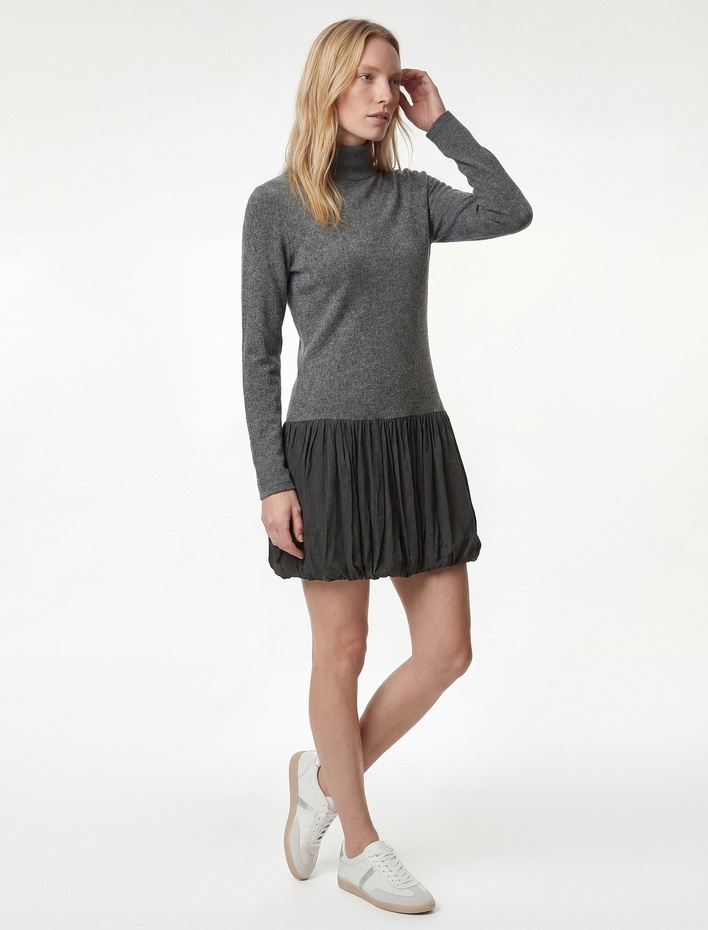  Koton X Şahika Ercümen - Slim Fit Uzun Kollu Dik Yaka Mini Balon Elbise