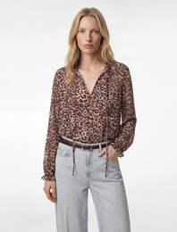Rahat Kalıp Uzun Kollu Gipeli Bağlamalı Yaka Leopar Desenli Tül Bluz