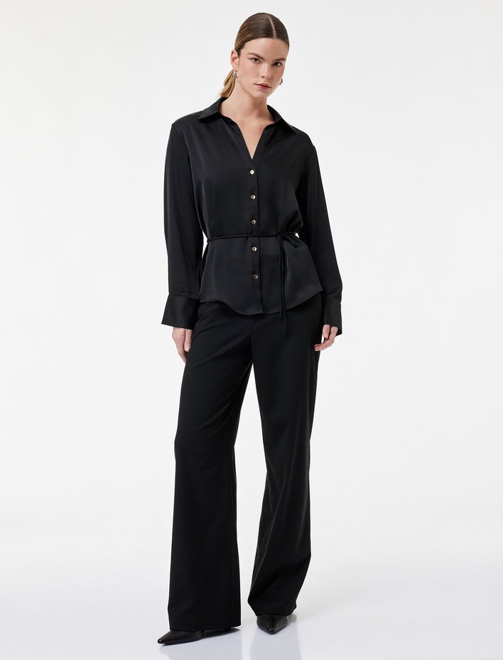  Klasik Yaka Rahat Kalıp Kemerli Uzun Kollu Saten Gömlek