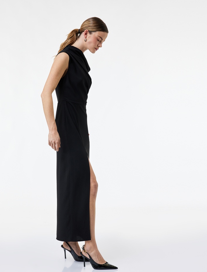  Tek Omuz Kolsuz Yırtmaç Detaylı Drapeli Midi Elbise