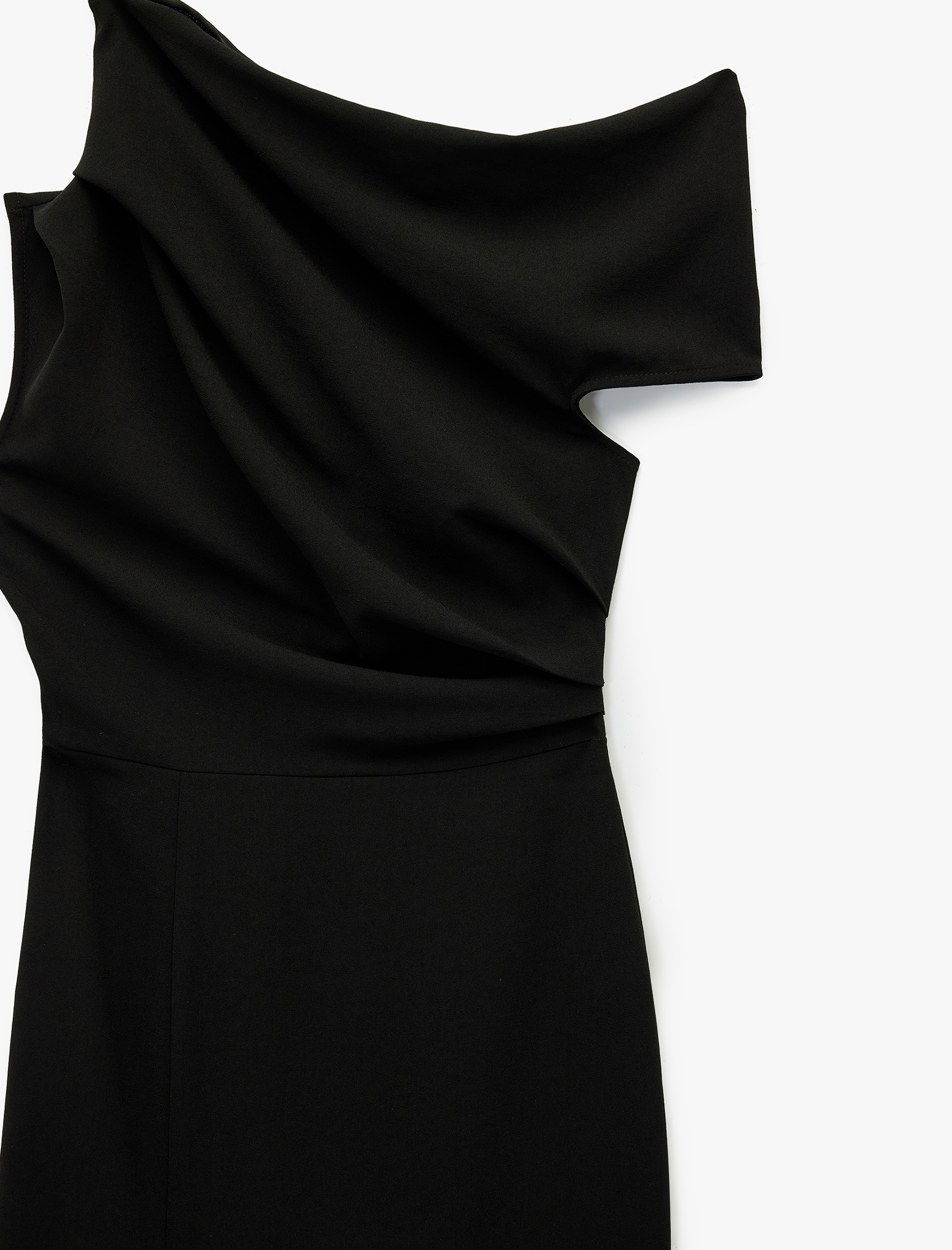   Tek Omuz Kolsuz Yırtmaç Detaylı Drapeli Midi Elbise