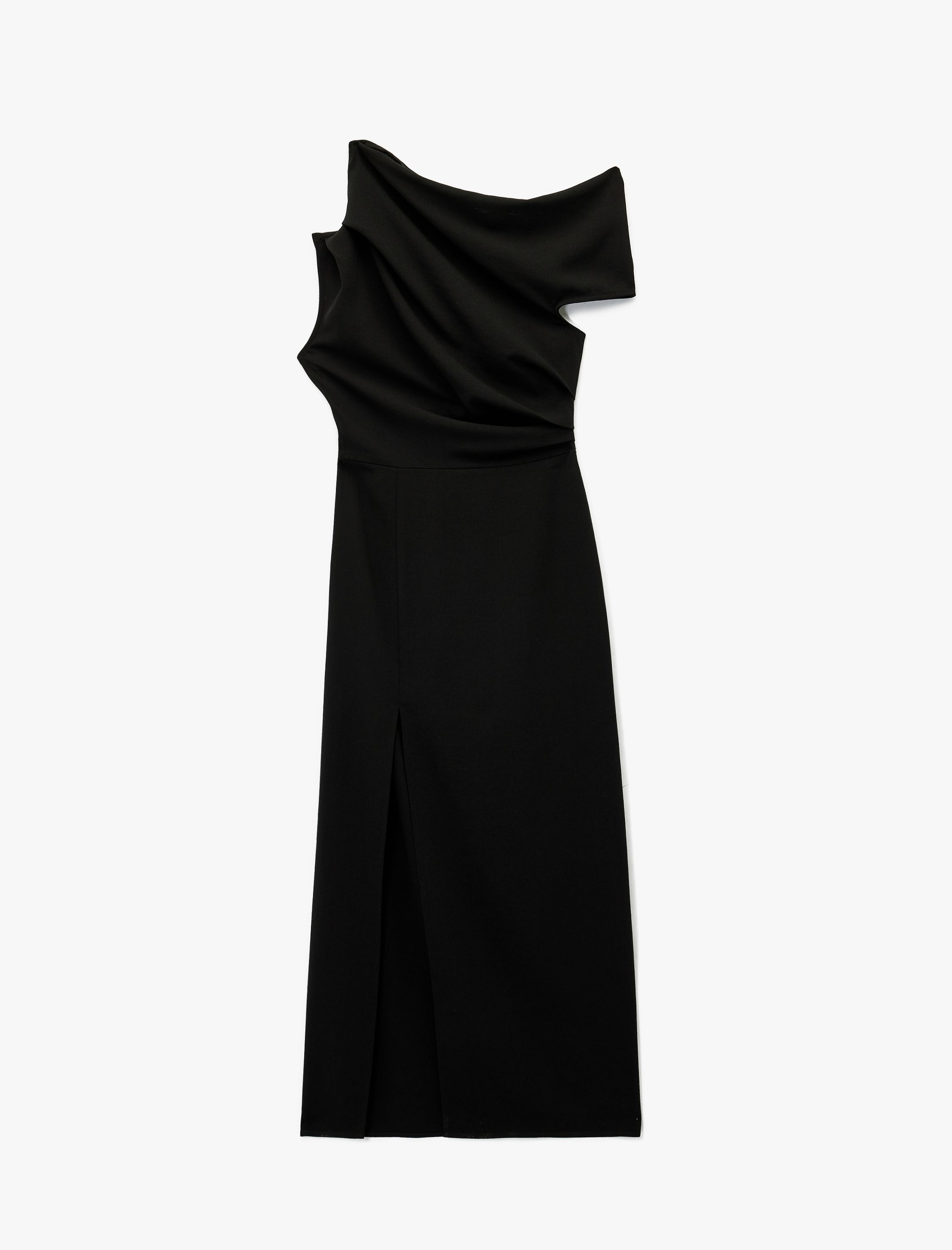   Tek Omuz Kolsuz Yırtmaç Detaylı Drapeli Midi Elbise