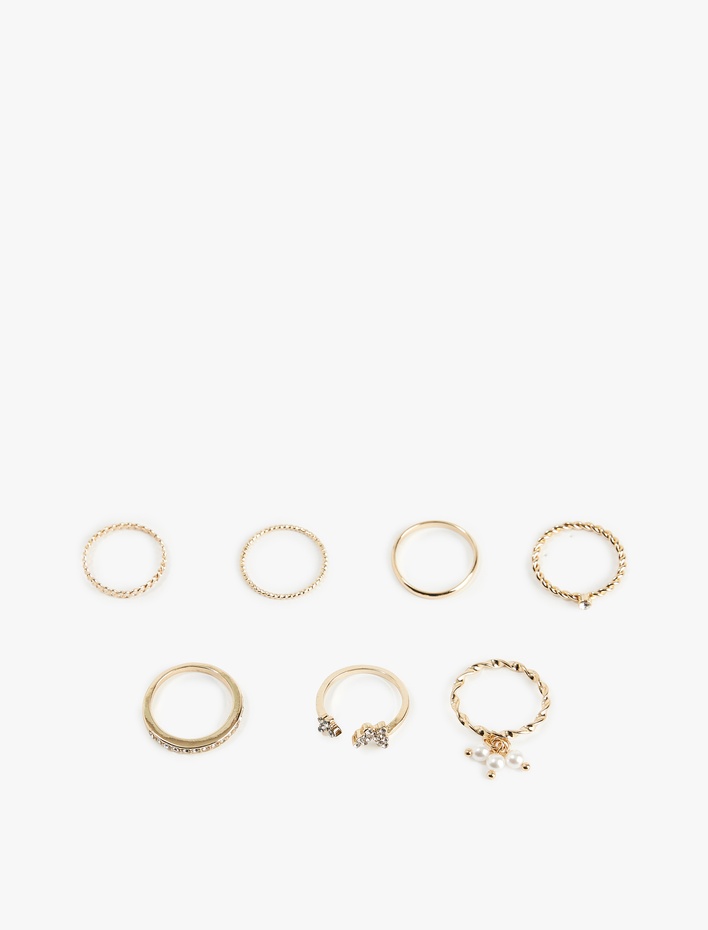 Kadın Taşlı İnci Detaylı 7'li Yüzük Seti