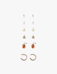 Taş Detaylı 6'lı Top ve Halka Küpe Seti