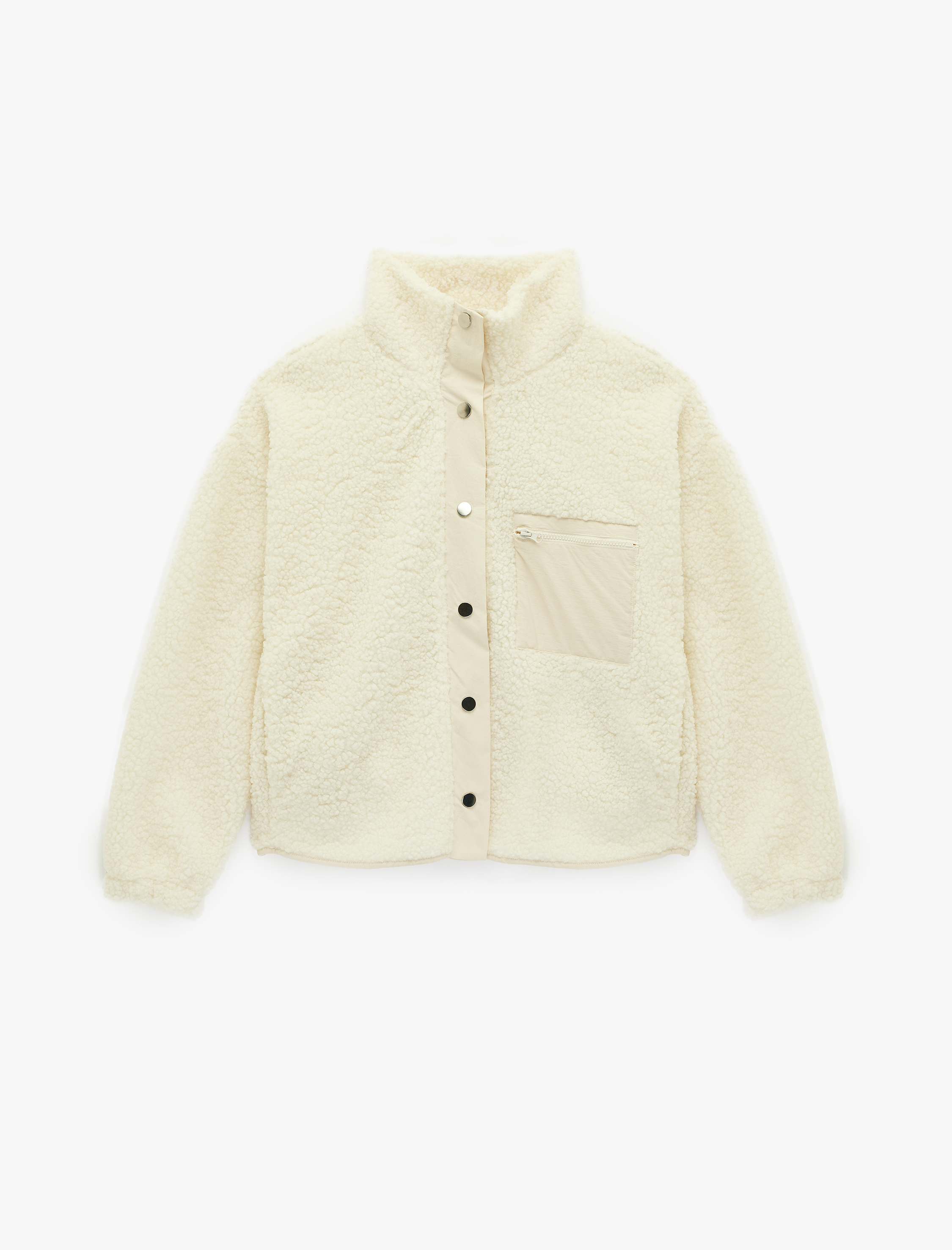   Dik Yaka Fermuar Cep Detaylı Çıtçıt Düğmeli Oversize Peluş Ceket