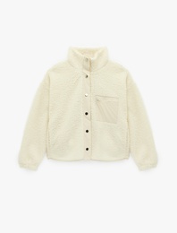 Dik Yaka Fermuar Cep Detaylı Çıtçıt Düğmeli Oversize Peluş Ceket