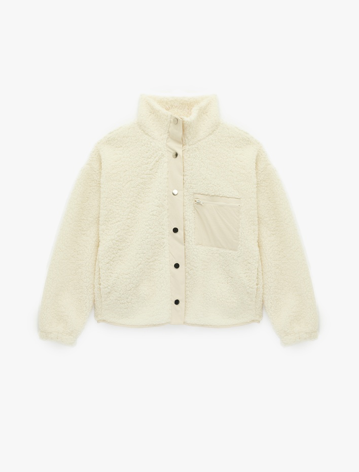  Dik Yaka Fermuar Cep Detaylı Çıtçıt Düğmeli Oversize Peluş Ceket