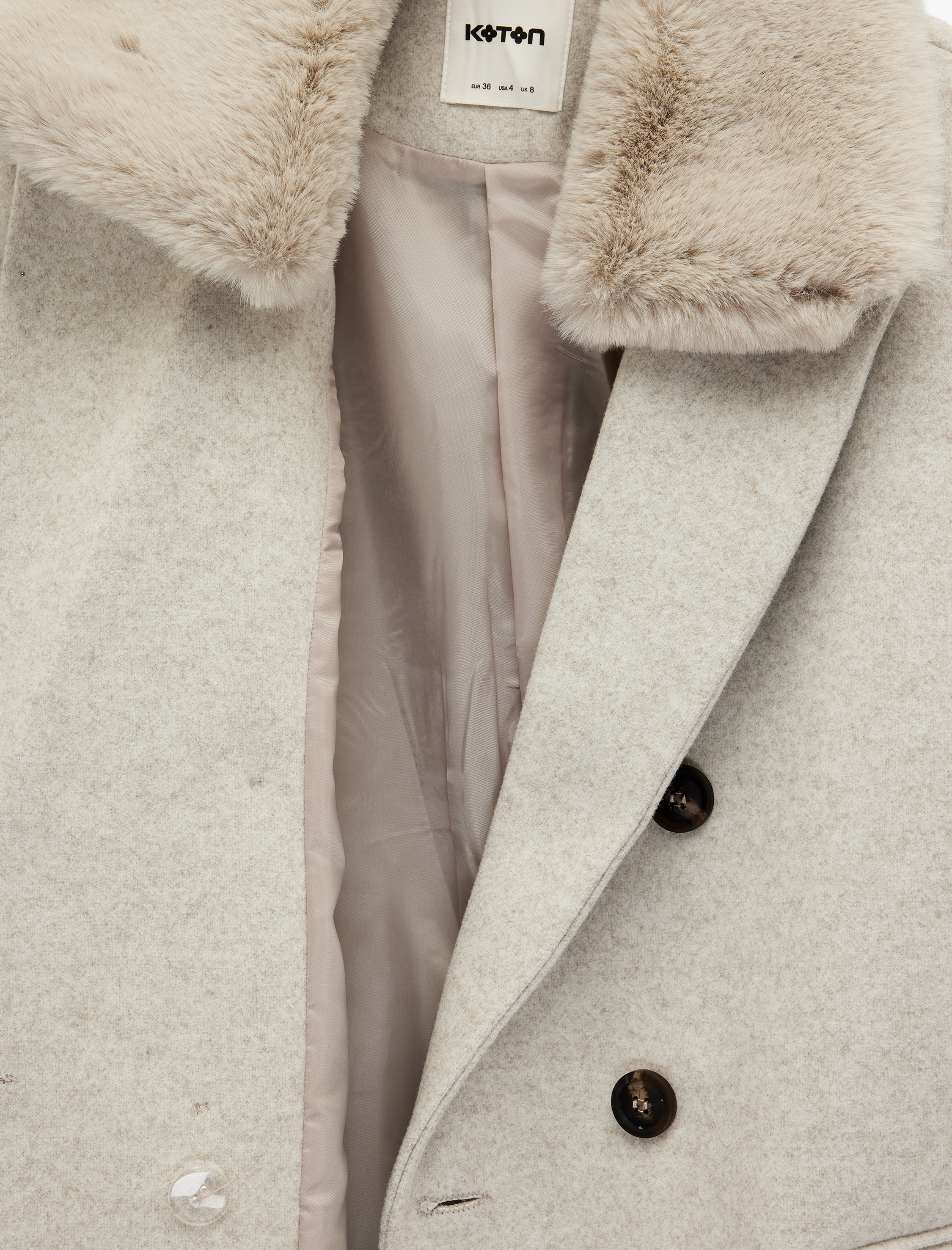   Çıkarılabilir Suni Kürk Yaka Kaşe Kaban Kruvaze Uzun Kollu Cepli