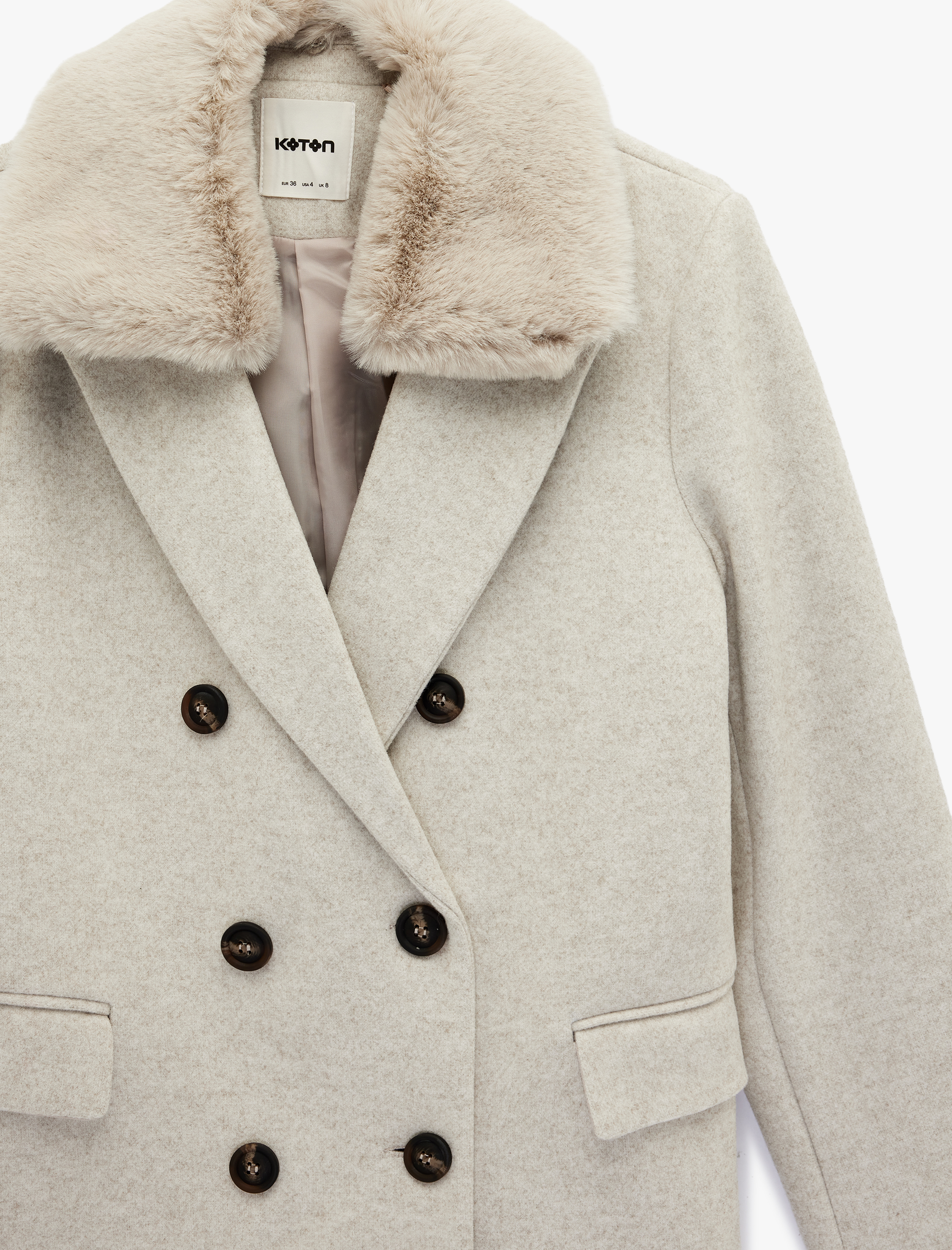   Çıkarılabilir Suni Kürk Yaka Kaşe Kaban Kruvaze Uzun Kollu Cepli