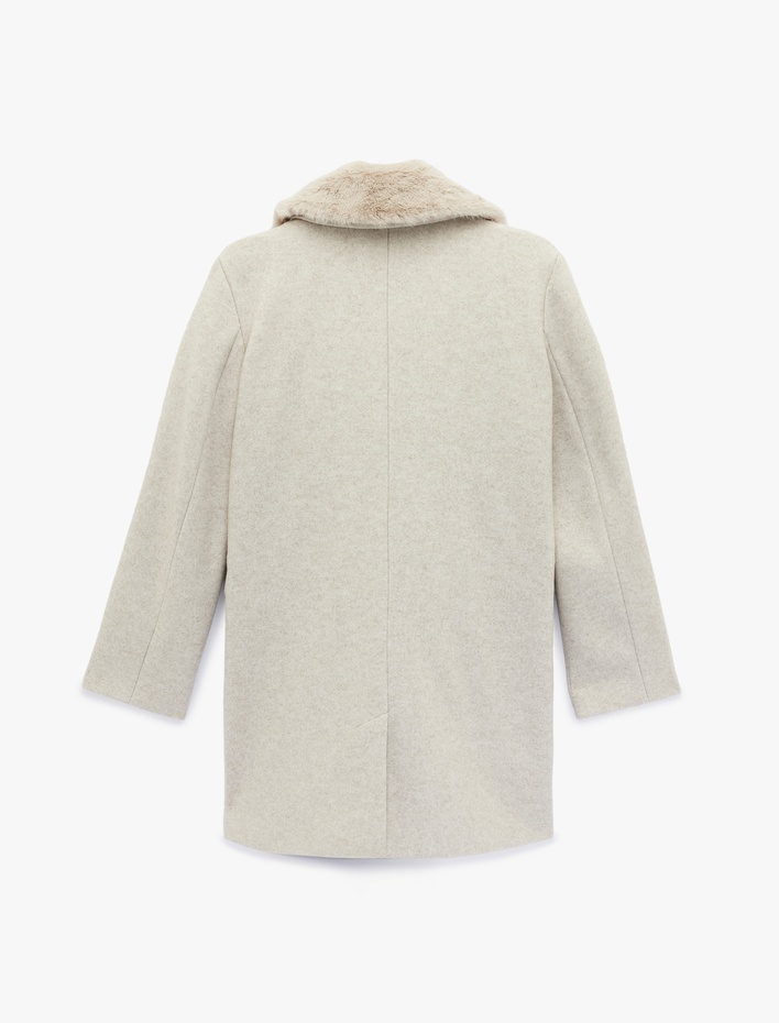  Çıkarılabilir Suni Kürk Yaka Kaşe Kaban Kruvaze Uzun Kollu Cepli