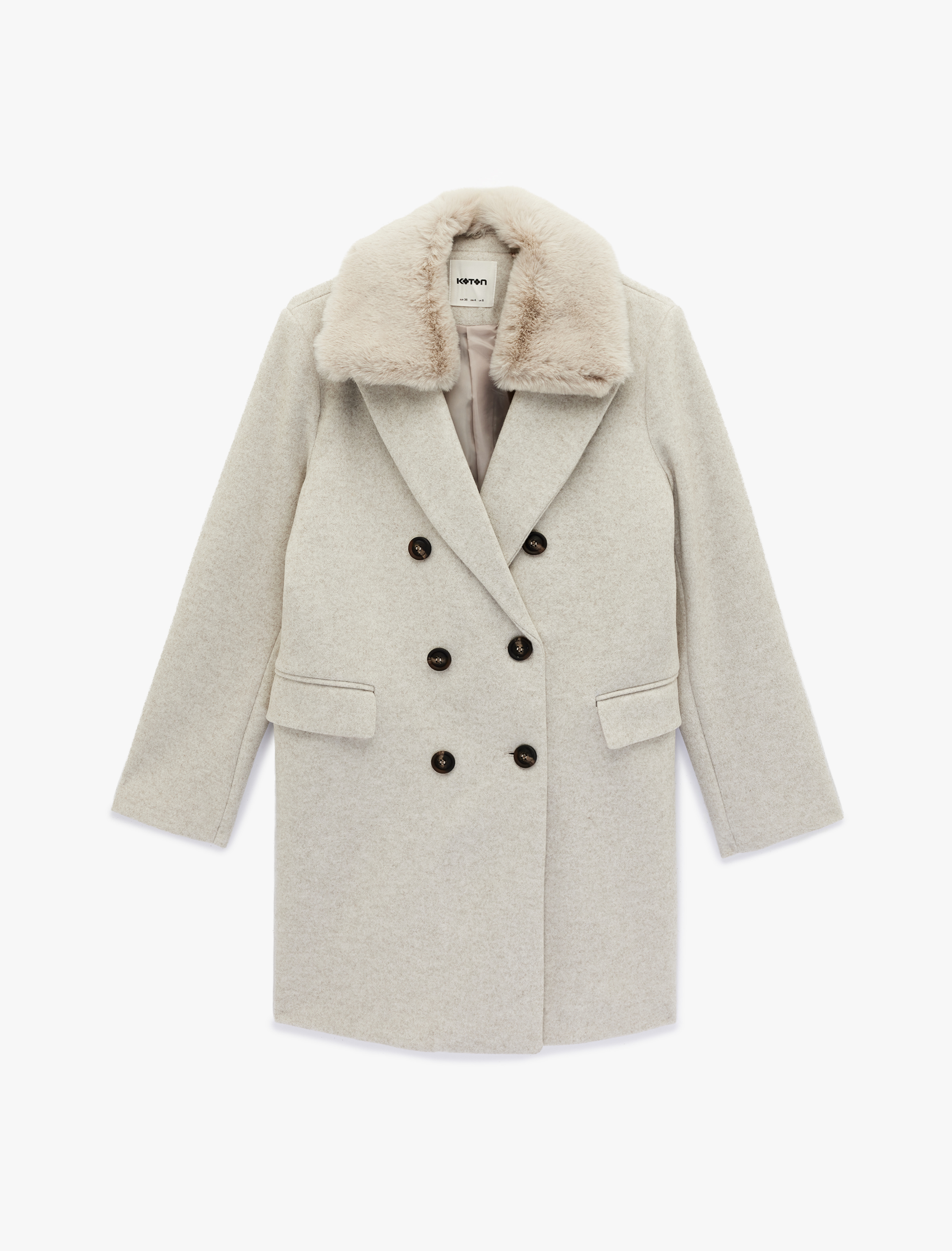   Çıkarılabilir Suni Kürk Yaka Kaşe Kaban Kruvaze Uzun Kollu Cepli