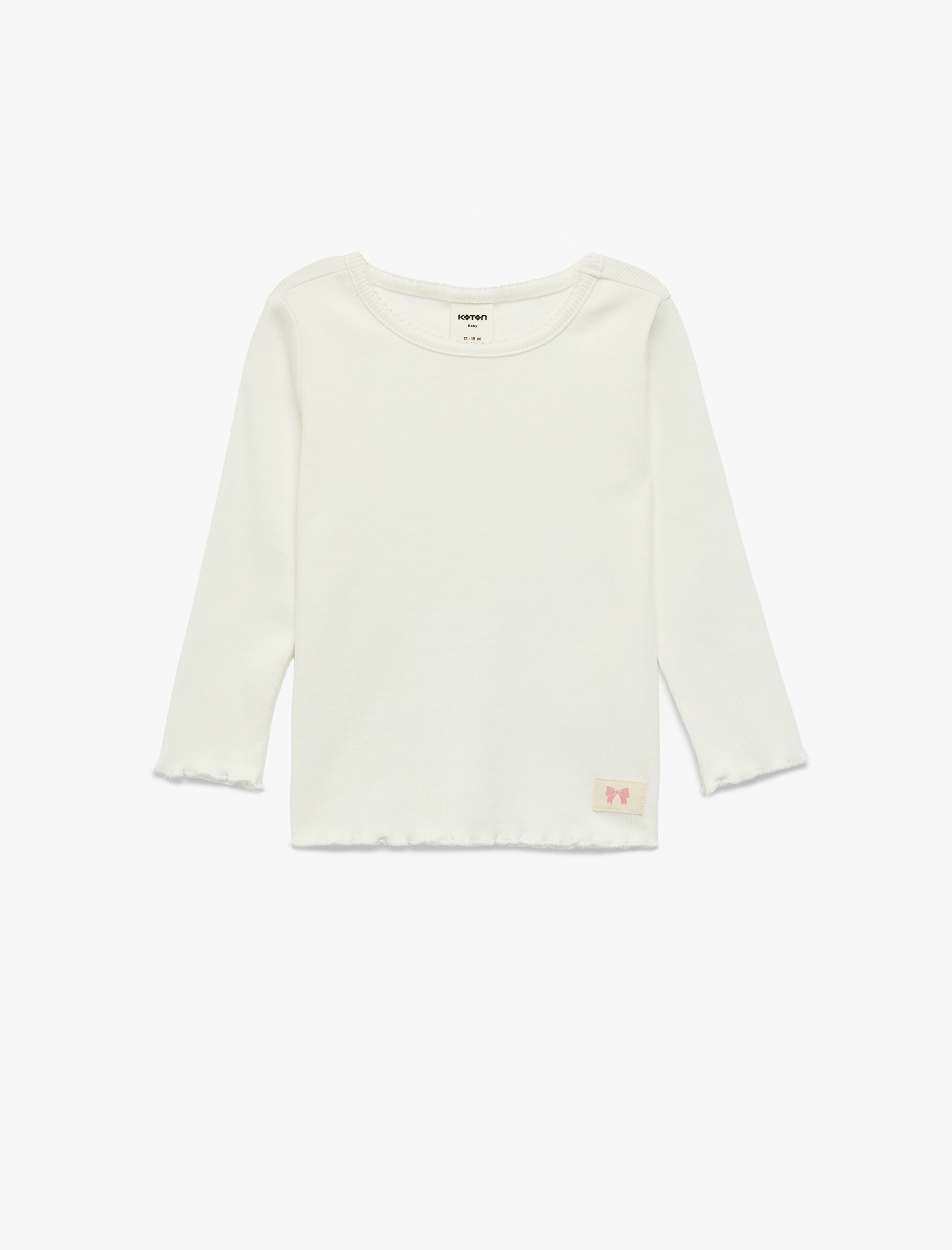  Kız Bebek Pamuklu Uzun Kollu Etiket Detaylı Fırfırlı Bisiklet Yaka Tişört