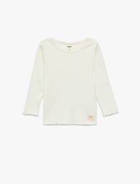 Pamuklu Uzun Kollu Etiket Detaylı Fırfırlı Bisiklet Yaka Tişört