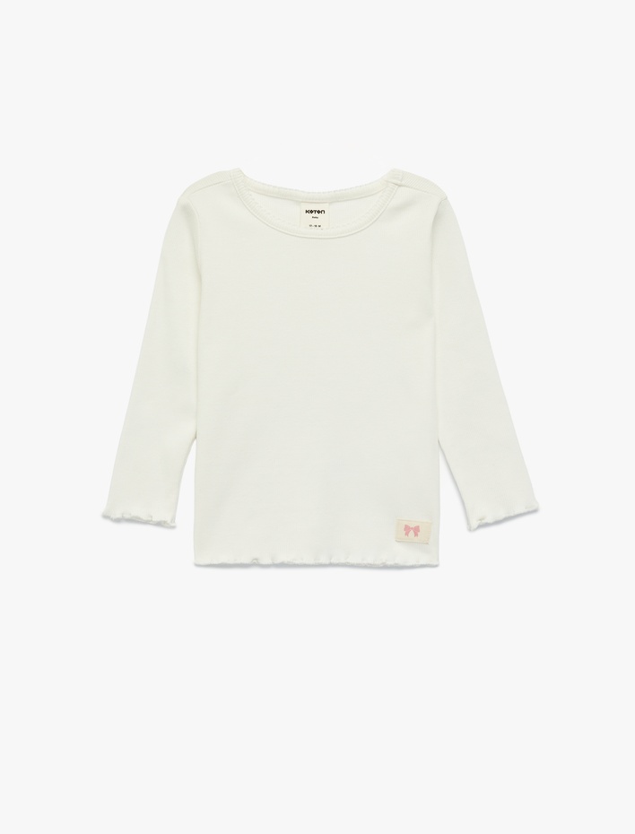 Kız Bebek Pamuklu Uzun Kollu Etiket Detaylı Fırfırlı Bisiklet Yaka Tişört