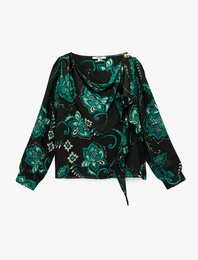 Etnik Çiçek Desenli Uzun Kollu Şal Yaka Saten Bluz