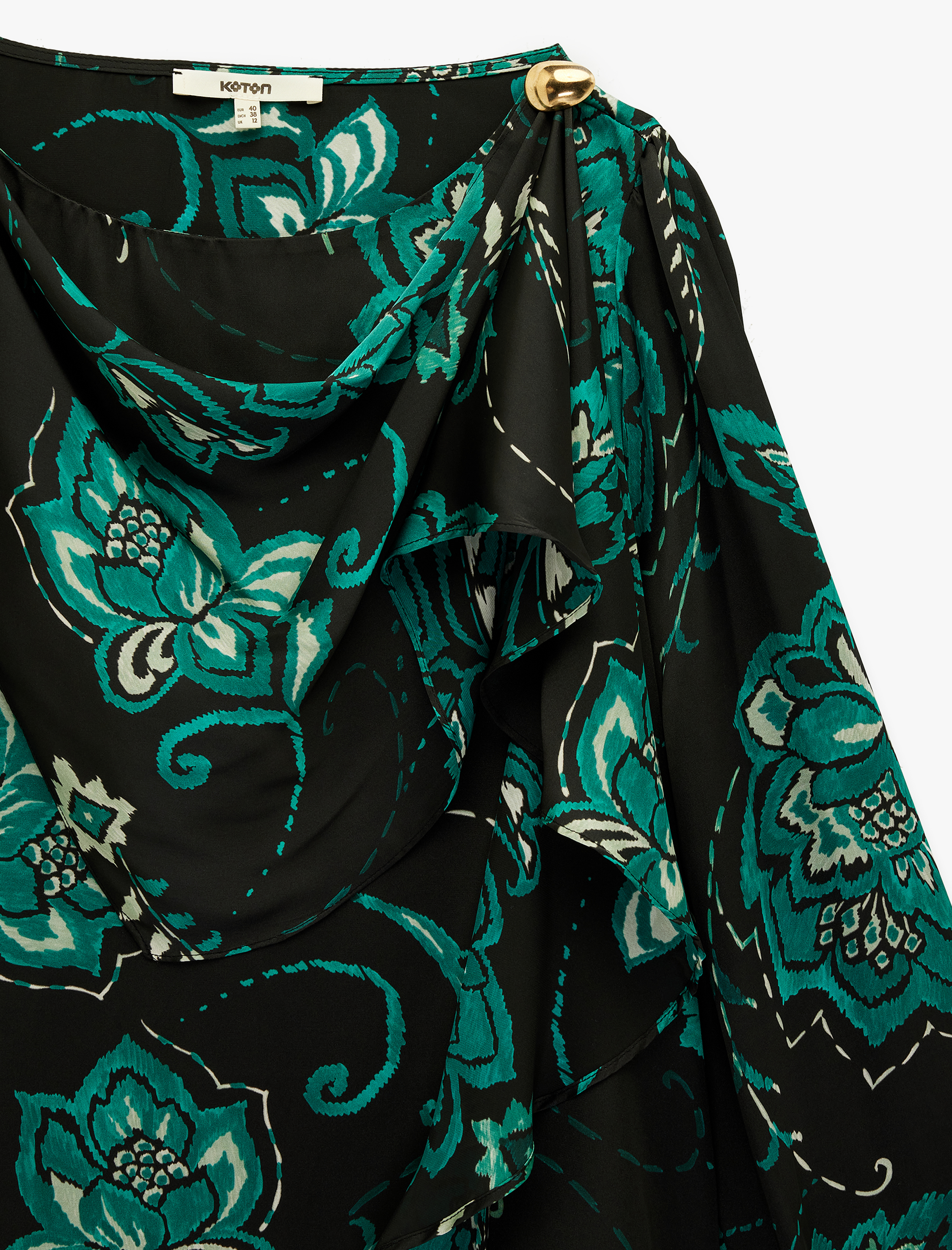   Etnik Çiçek Desenli Uzun Kollu Şal Yaka Saten Bluz