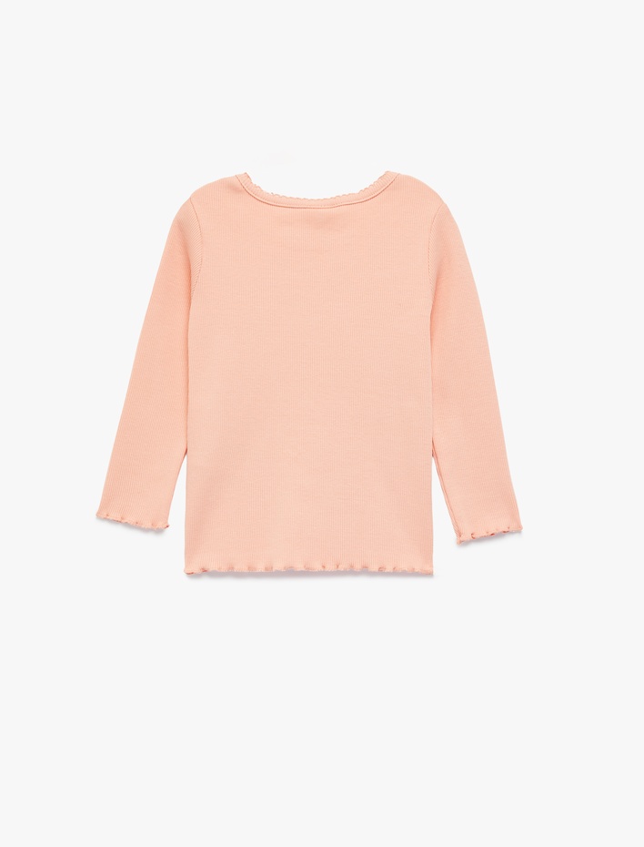 Kız Bebek Pamuklu Uzun Kollu Etiket Detaylı Fırfırlı Bisiklet Yaka Tişört