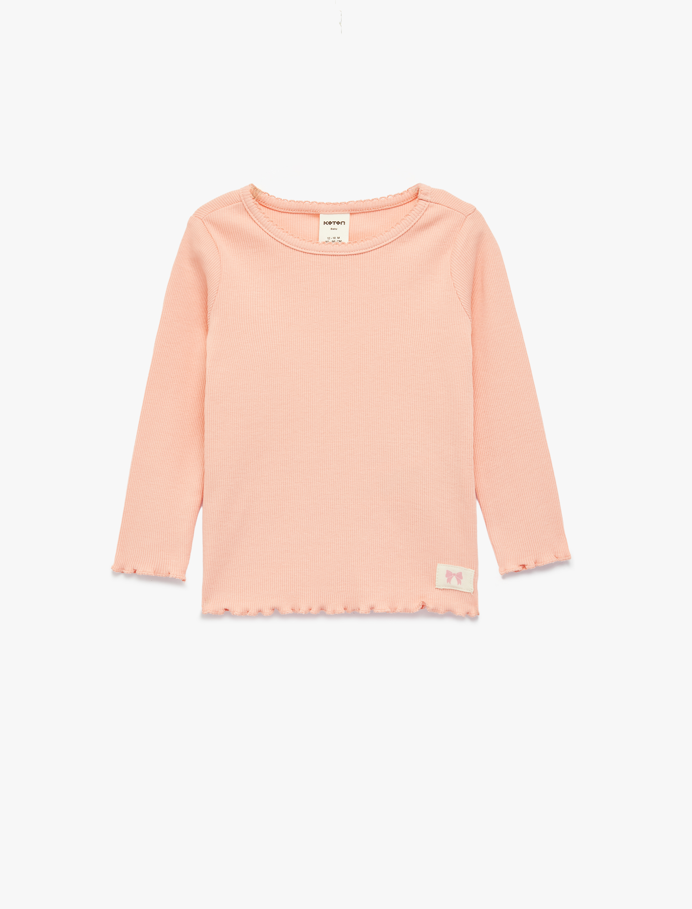  Kız Bebek Pamuklu Uzun Kollu Etiket Detaylı Fırfırlı Bisiklet Yaka Tişört