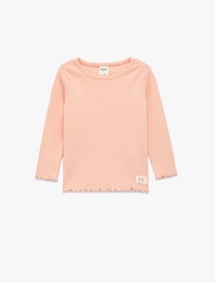 Pamuklu Uzun Kollu Etiket Detaylı Fırfırlı Bisiklet Yaka Tişört