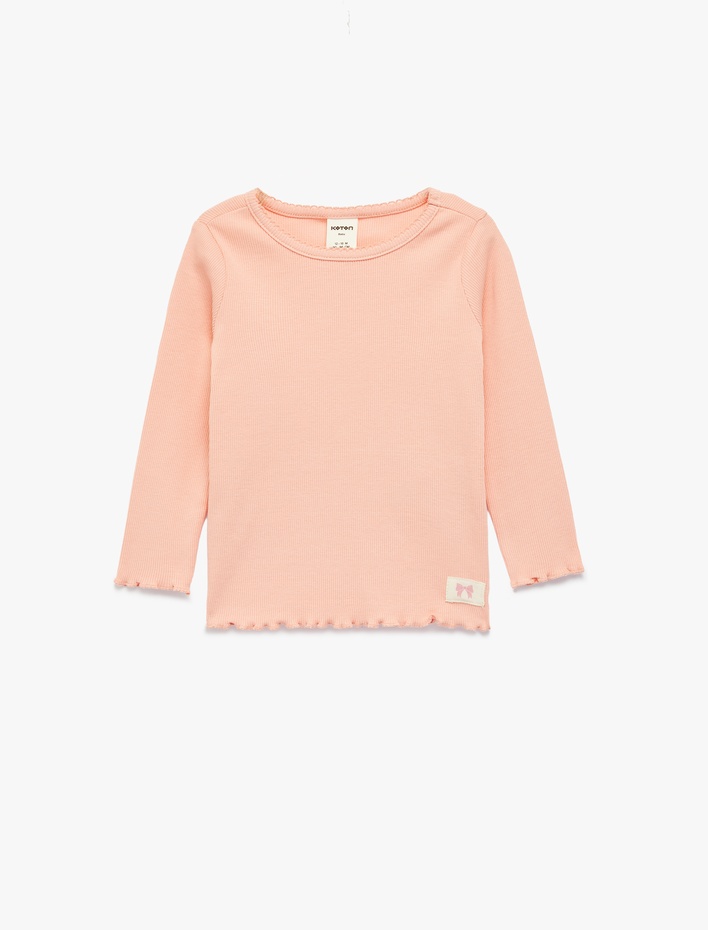 Kız Bebek Pamuklu Uzun Kollu Etiket Detaylı Fırfırlı Bisiklet Yaka Tişört