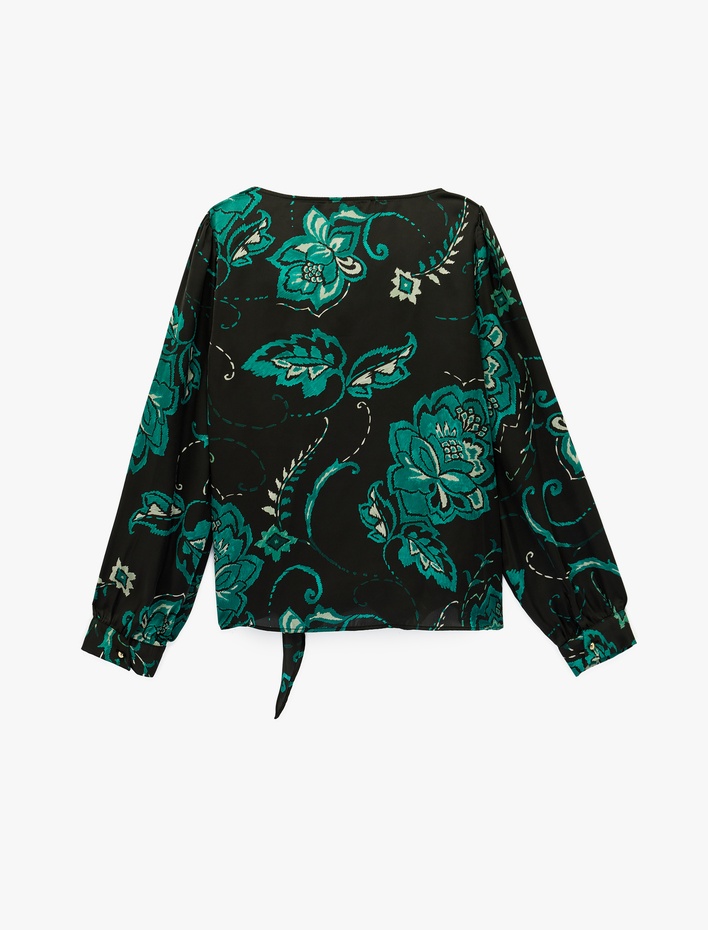  Etnik Çiçek Desenli Uzun Kollu Şal Yaka Saten Bluz