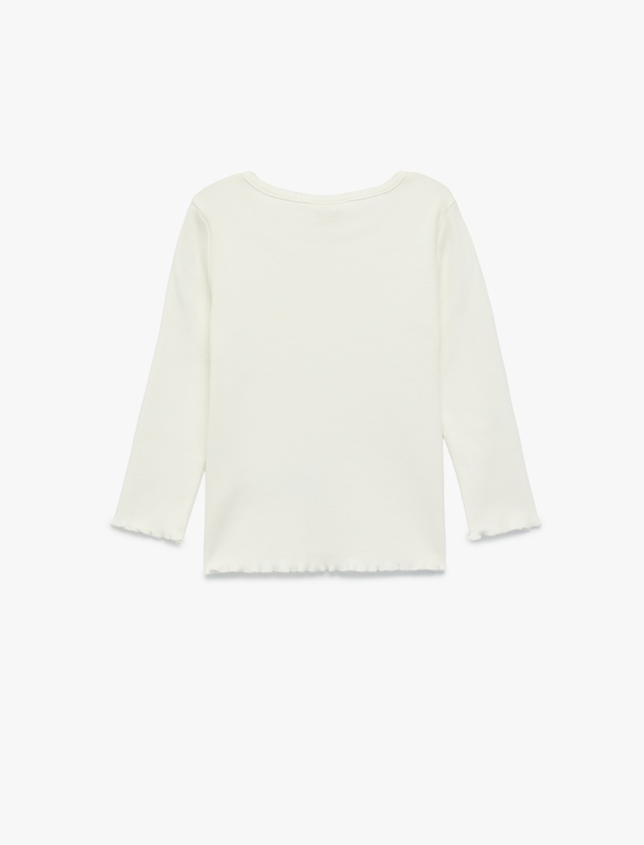 Kız Bebek Pamuklu Uzun Kollu Etiket Detaylı Fırfırlı Bisiklet Yaka Tişört
