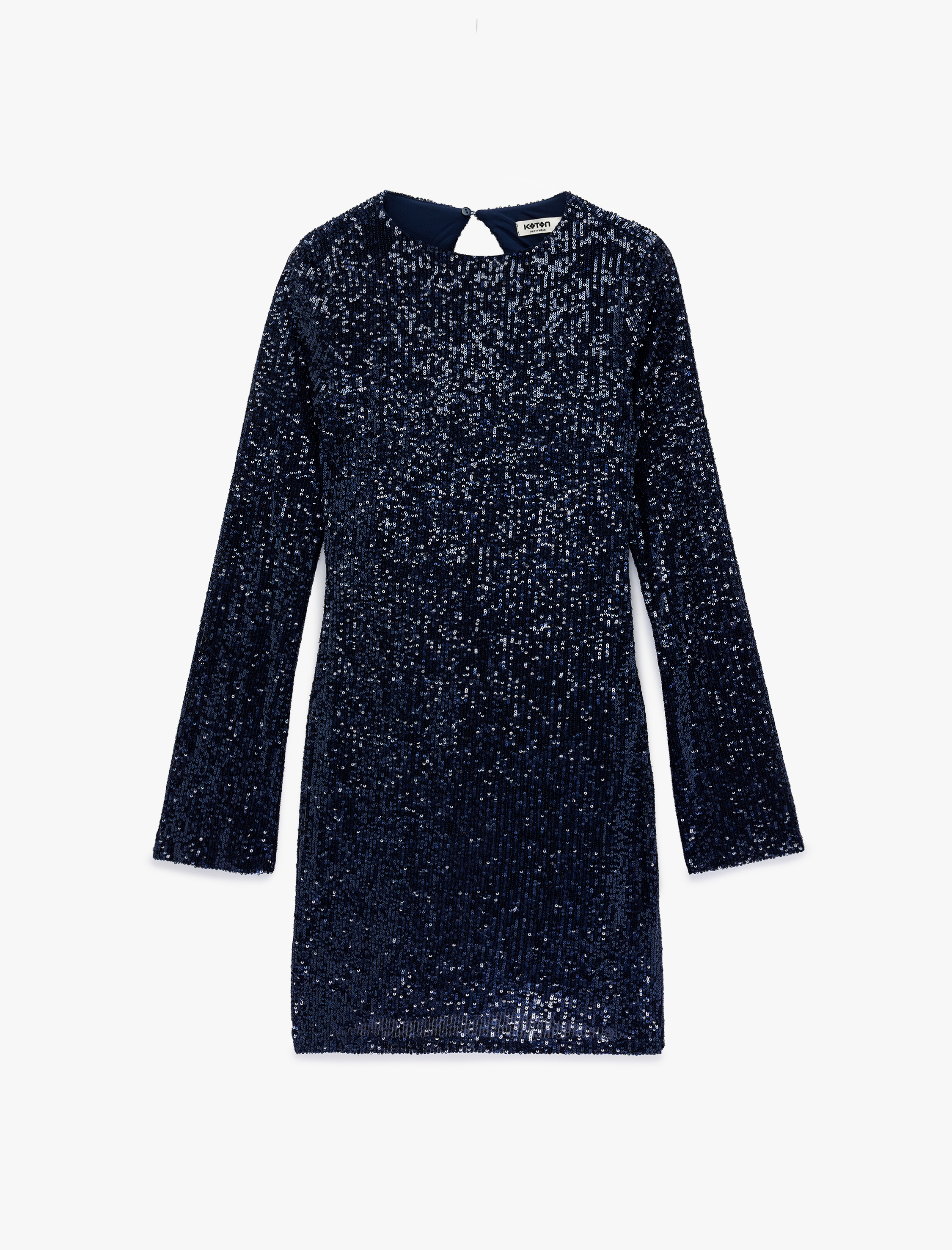   Slim Fit Uzun Kollu Yuvarlak Yaka Sırt Dekolteli Pullu Payetli Mini Elbise