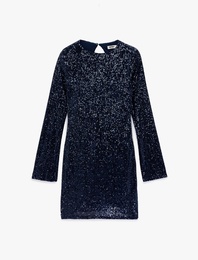 Slim Fit Uzun Kollu Yuvarlak Yaka Sırt Dekolteli Pullu Payetli Mini Elbise