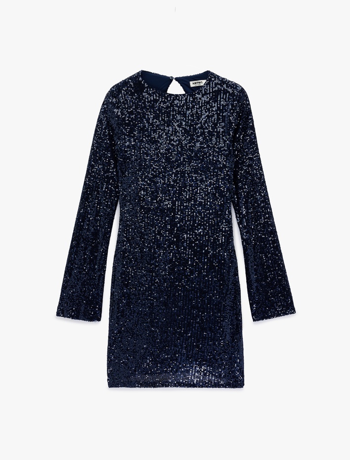  Slim Fit Uzun Kollu Yuvarlak Yaka Sırt Dekolteli Pullu Payetli Mini Elbise