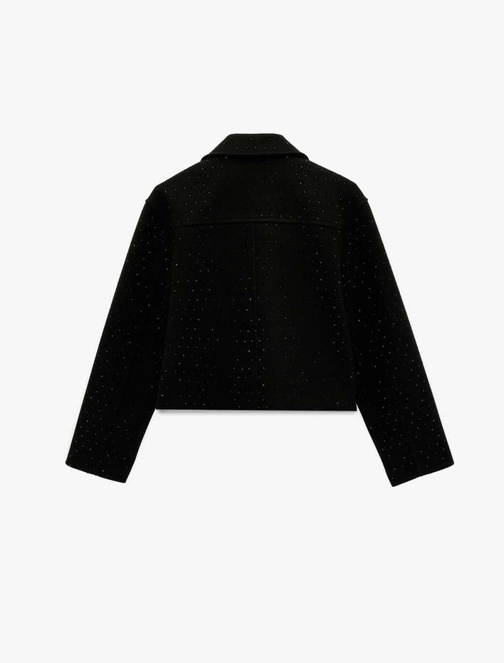  Uzun Kollu Fermuarlı Parıltılı Taş Detaylı Kısa Ceket