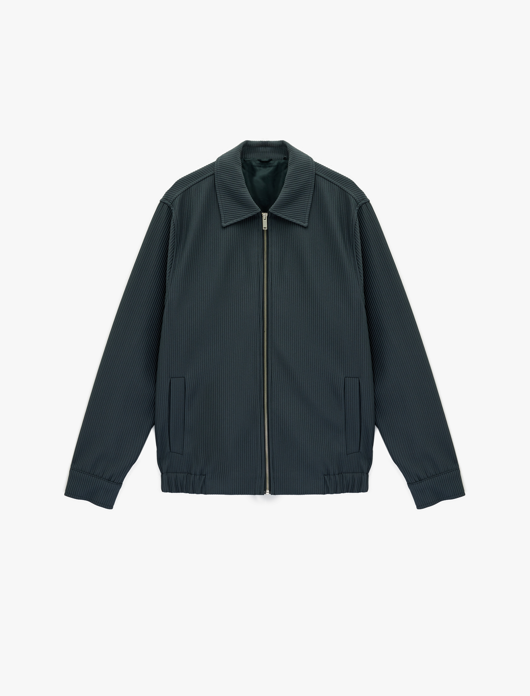   Regular Fit Uzun Kollu Cepli Gömlek Yaka Fermuarlı Fitilli Bomber Ceket