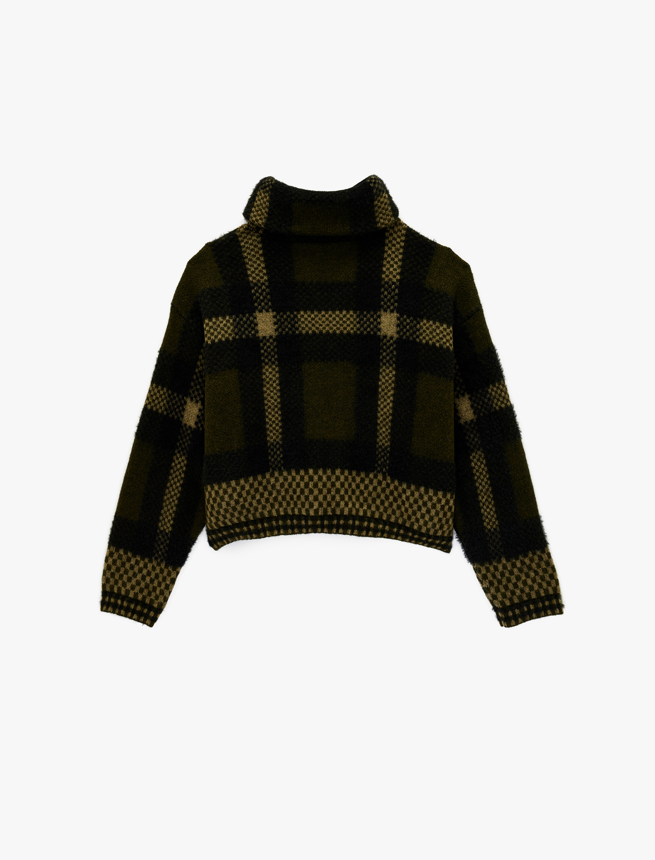   Dik Yaka Fermuarlı Ekoseli Hırka