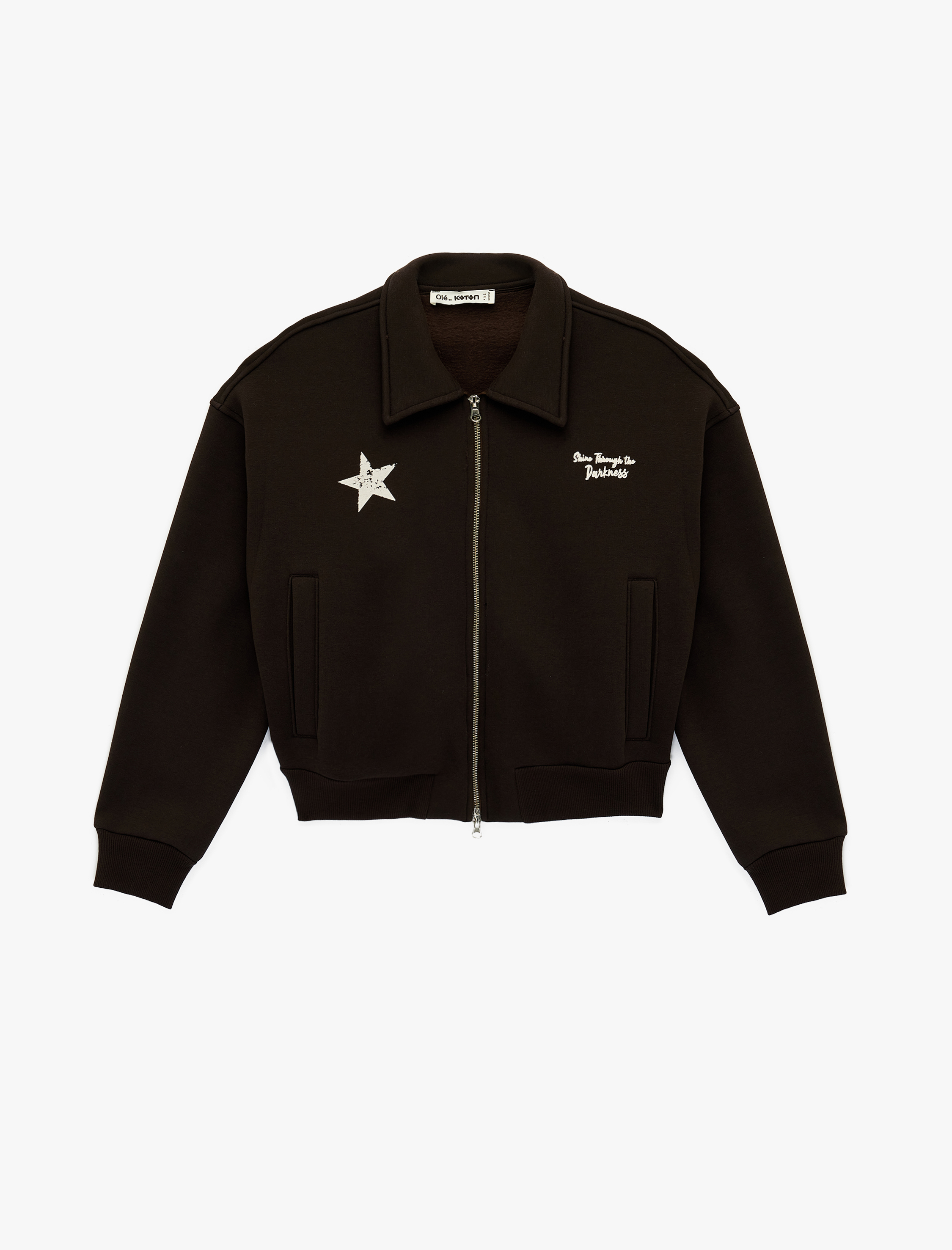   Şardonlu Cepli Uzun Kollu Arkası Baskılı Tam Fermuarlı Sweatshirt