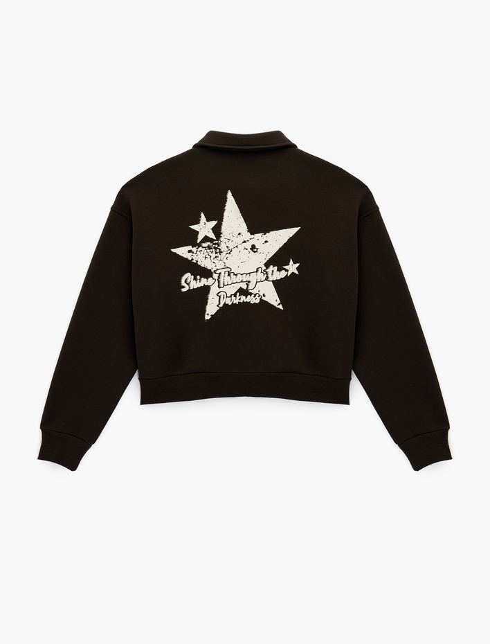  Şardonlu Cepli Uzun Kollu Arkası Baskılı Tam Fermuarlı Sweatshirt