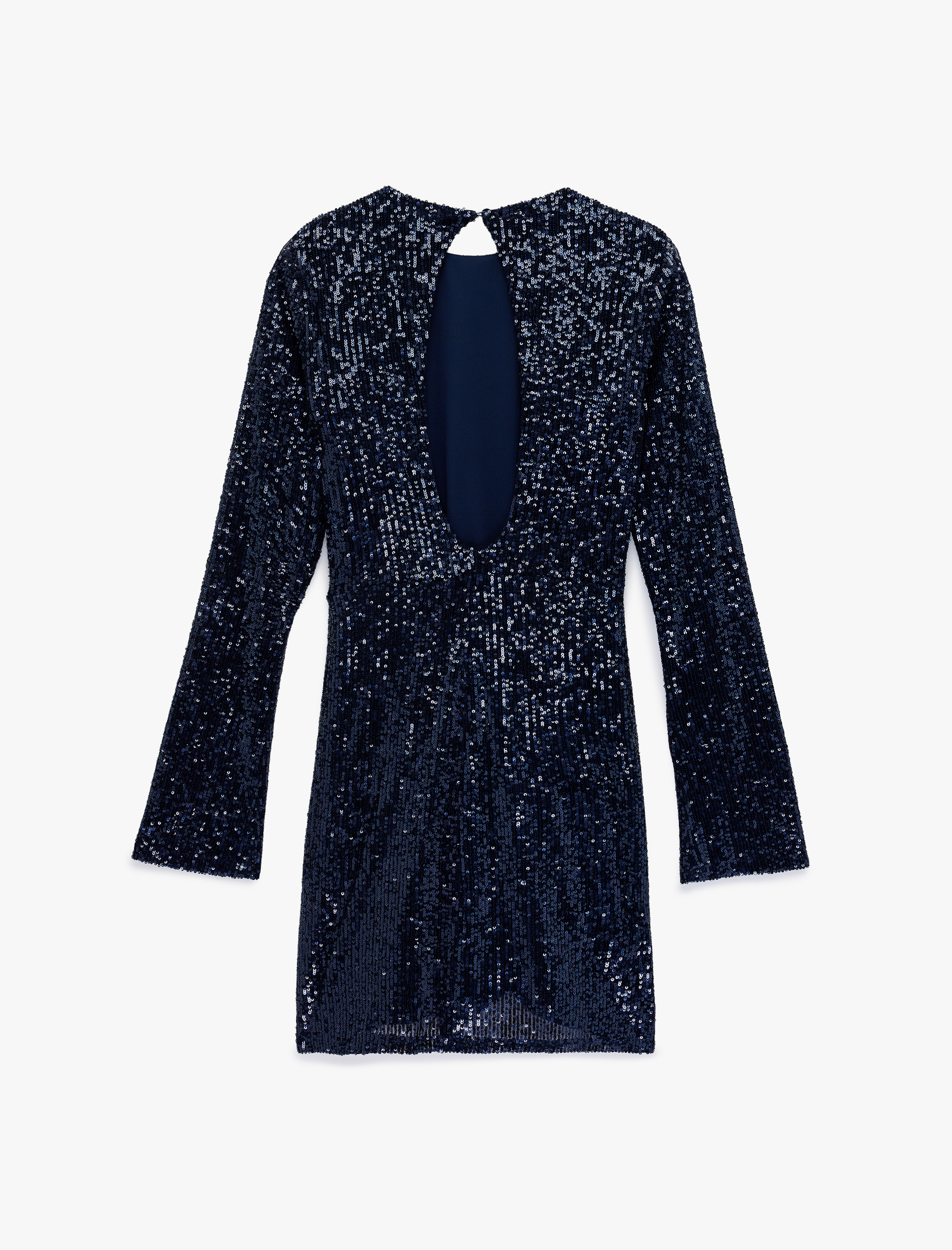   Slim Fit Uzun Kollu Yuvarlak Yaka Sırt Dekolteli Pullu Payetli Mini Elbise