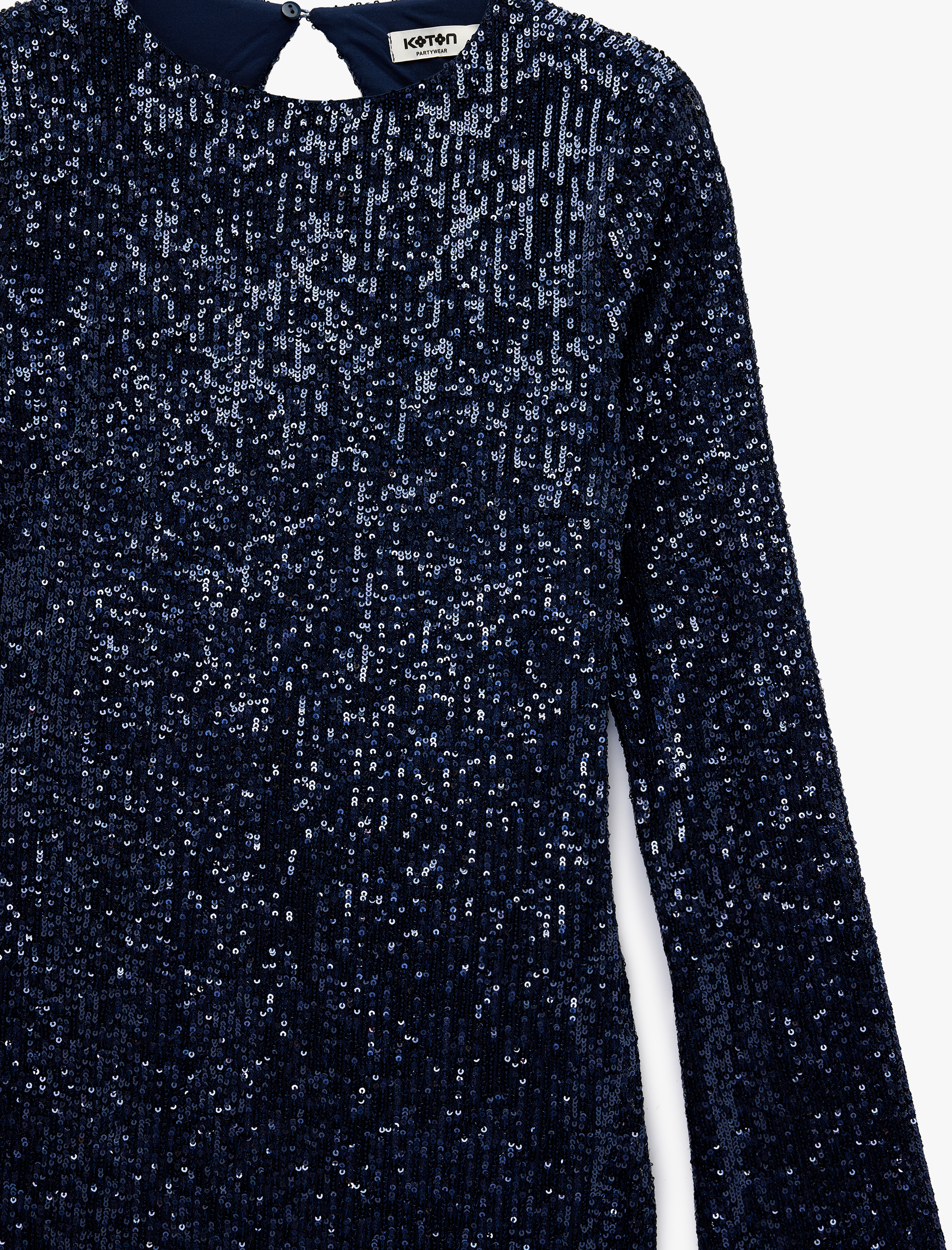   Slim Fit Uzun Kollu Yuvarlak Yaka Sırt Dekolteli Pullu Payetli Mini Elbise